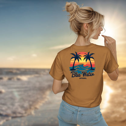 Female model wearing the Toast Vintage Sunset tee by Blue Water Apparel