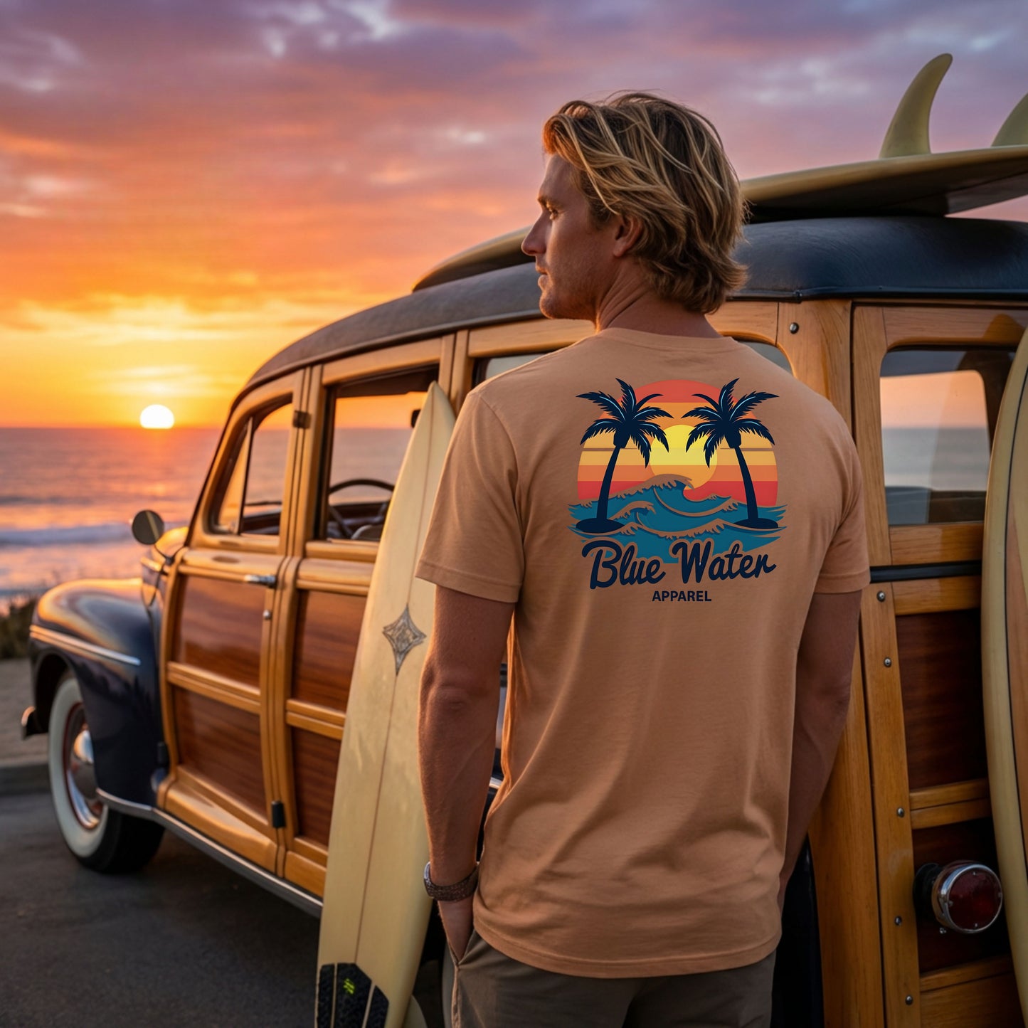Surfer wearing toast Vintage Sunset tee next to a vintage wagon by blue water apparel