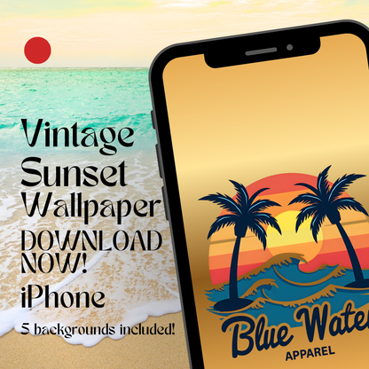 Vintage sunset iphone mockup with beach background by blue water apparel