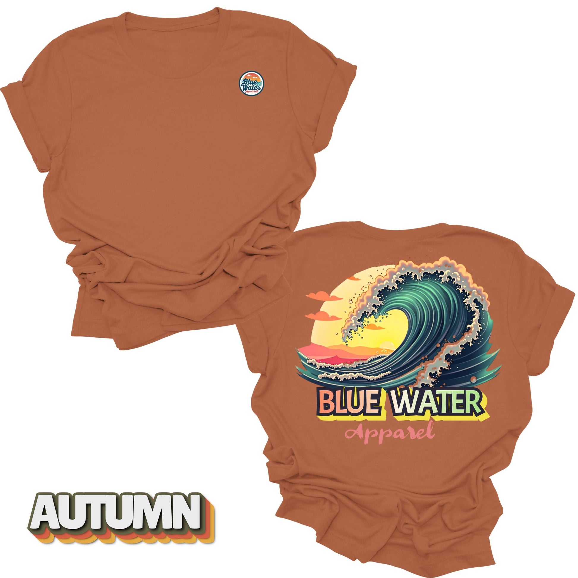 Flat lay Vintage Surf tee back graphic in Autumn by Blue Water Apparel