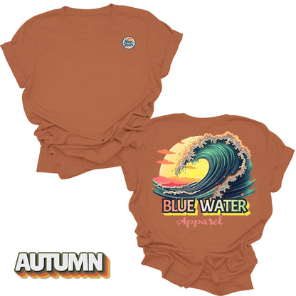 Flat lay Vintage Surf tee back graphic in Autumn by Blue Water Apparel