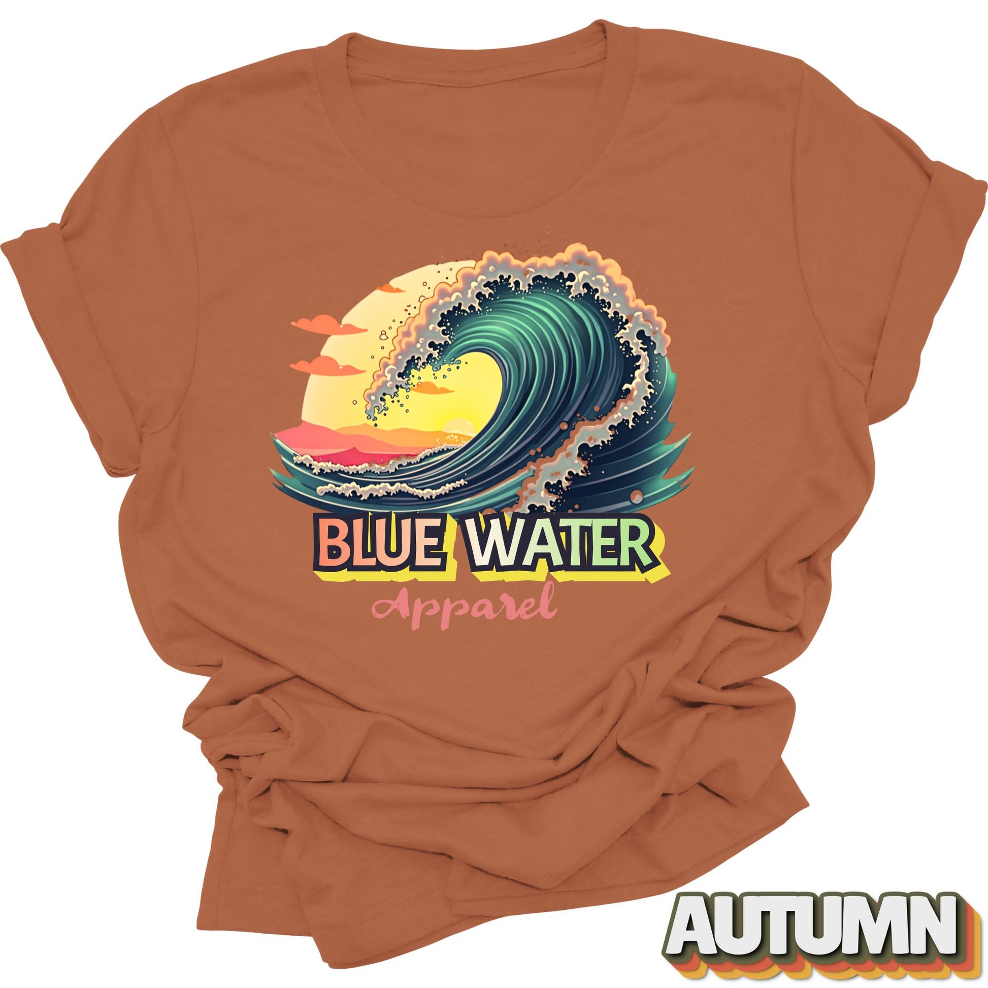 front graphic vintage surf tee in autumn by blue water apparel