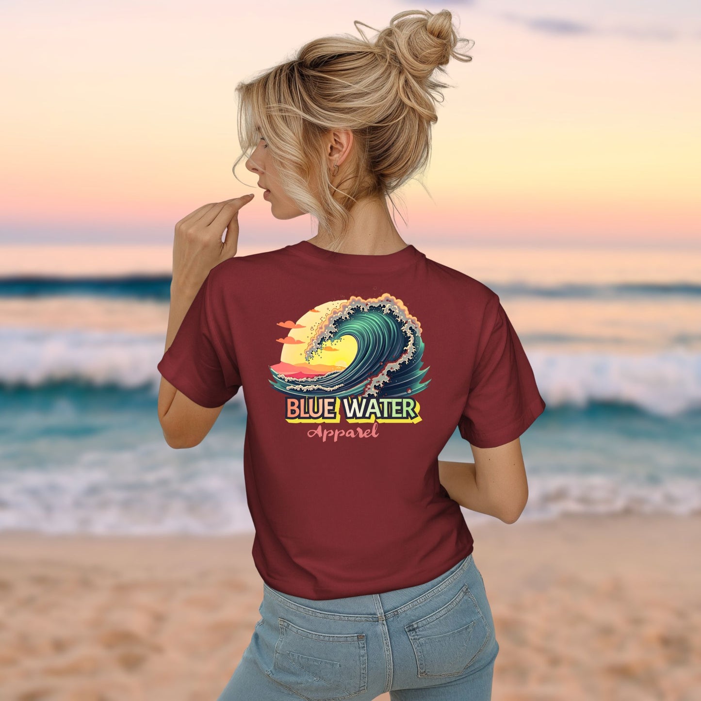 Woman wearing cardinal vintage surf tee by blue water apparel