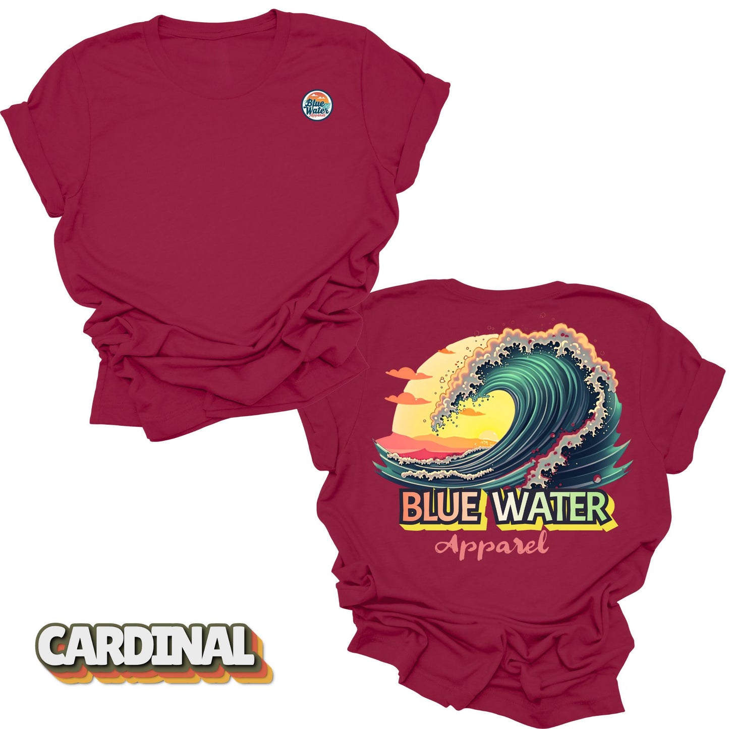 Flat lay Vintage Surf tee back graphic in Cardinal by Blue Water Apparel