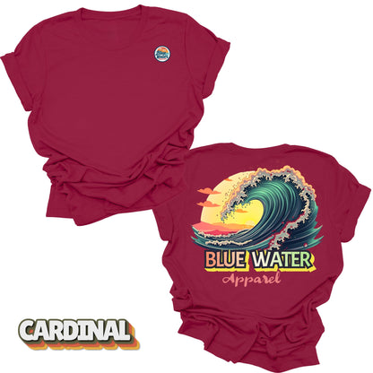 Flat lay Vintage Surf tee back graphic in Cardinal by Blue Water Apparel