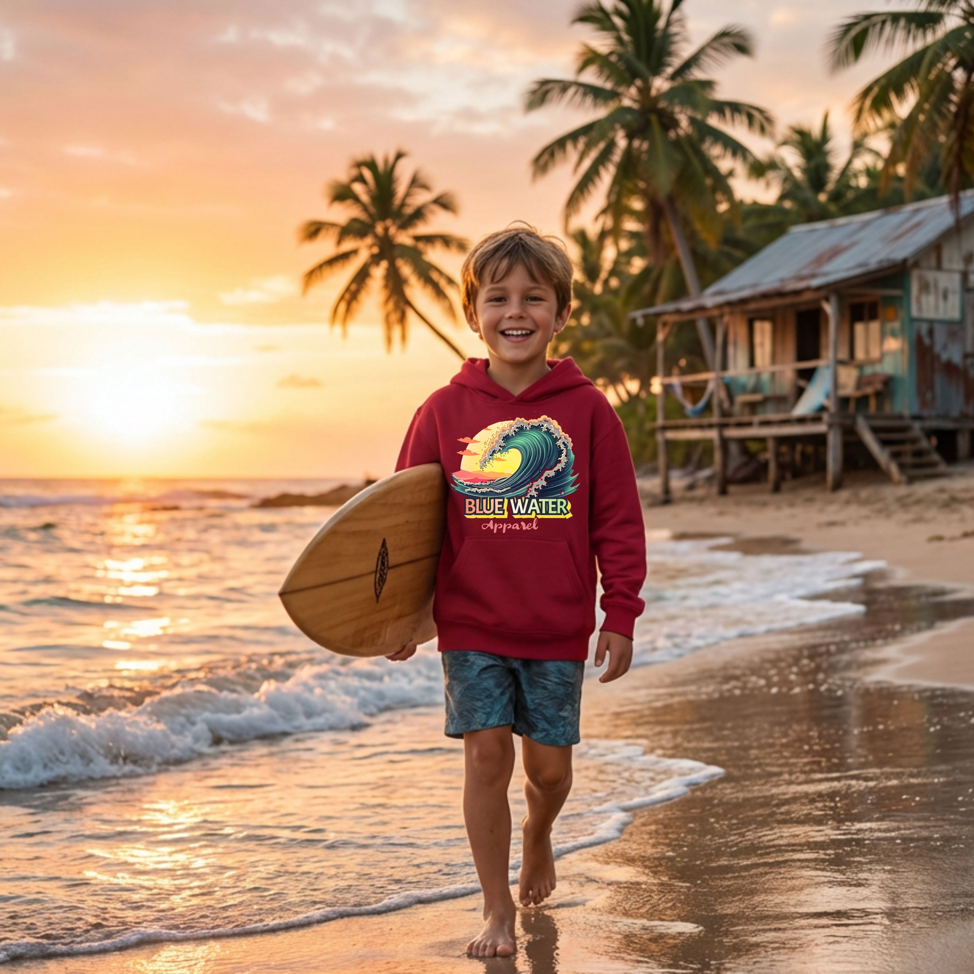 child wearing cardinal red vintage surf kids hoodie walking down beach with surfboard by blue water apparel