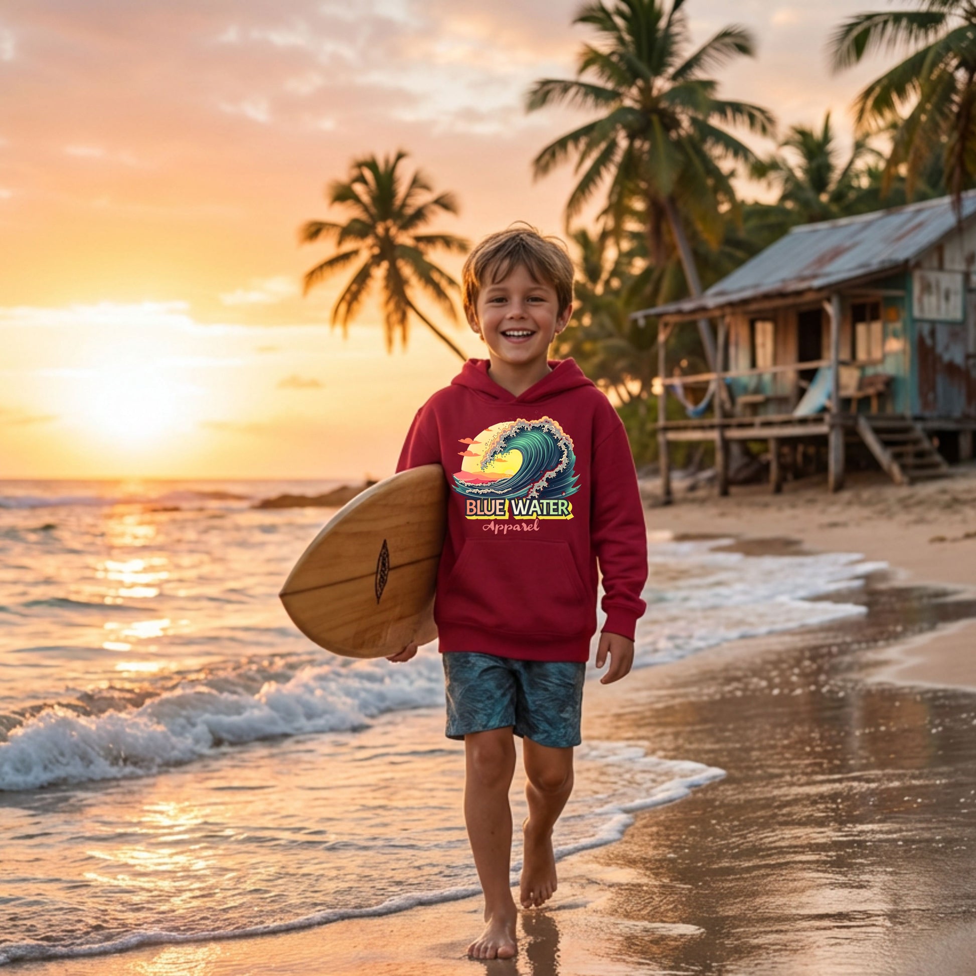 child model wearing cardinal red vintage surf kids hoodie walking down beach with surfboard by blue water apparel.