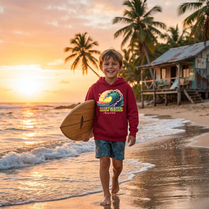 child model wearing cardinal red vintage surf kids hoodie walking down beach with surfboard by blue water apparel.