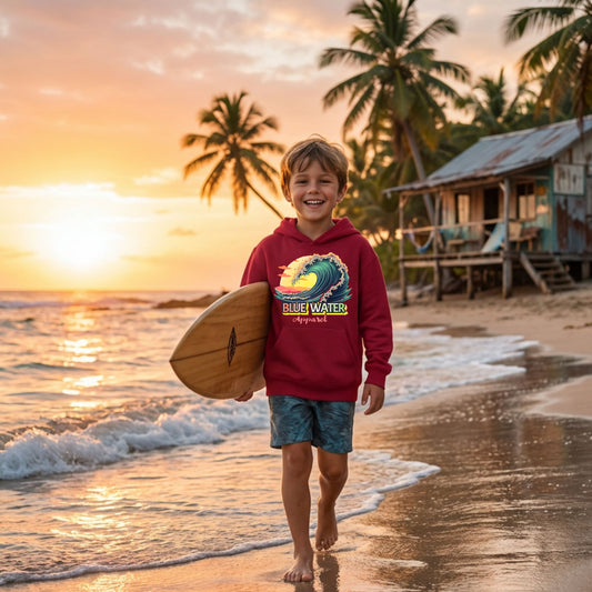 child model wearing cardinal red vintage surf kids hoodie walking down beach with surfboard by blue water apparel.