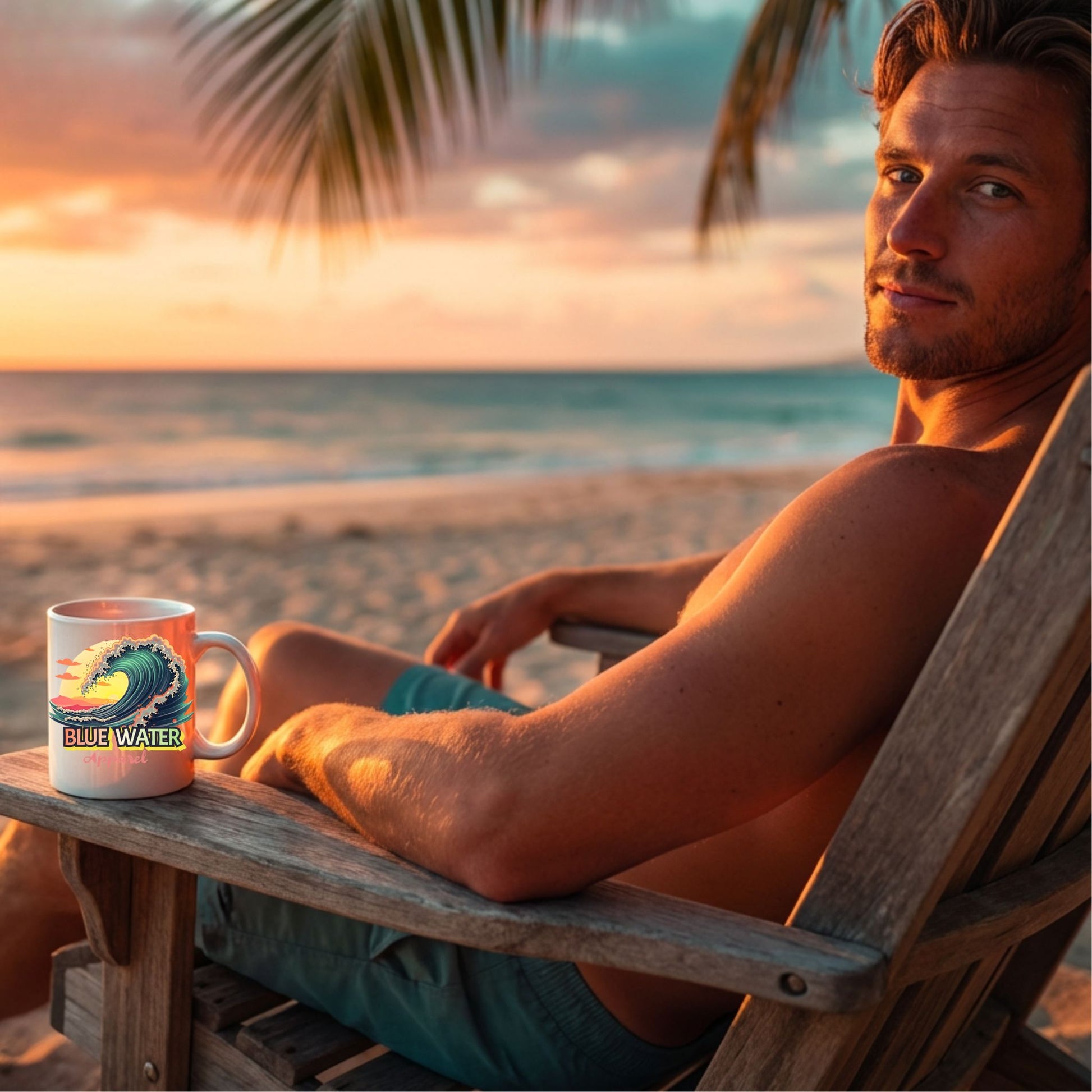 man with vintage surf coffee mug sitting on sunset beach by blue water apparel
