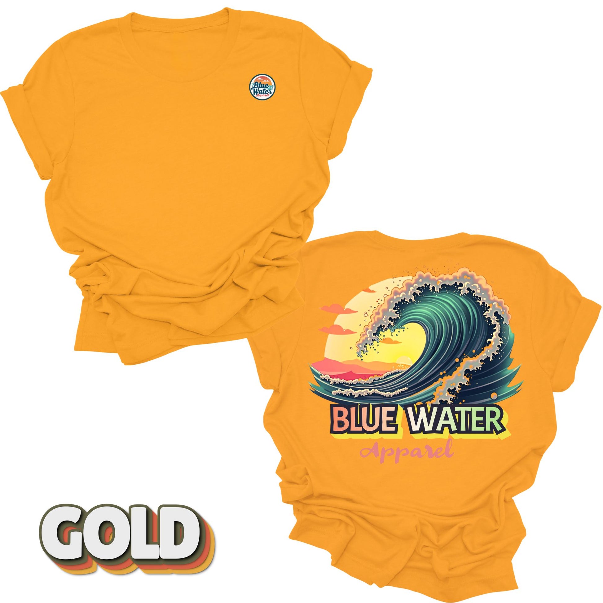 Flat lay Vintage Surf tee back graphic in Gold by Blue Water Apparel