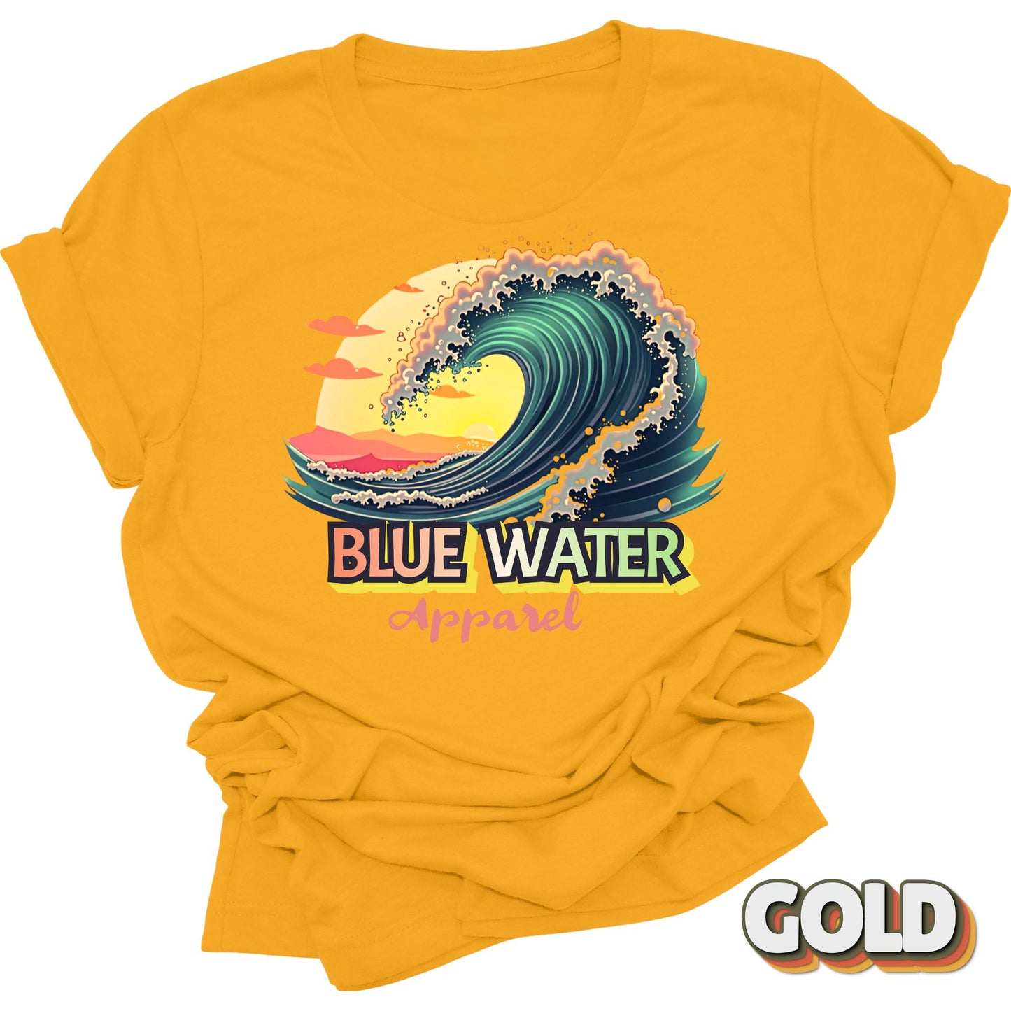 front graphic vintage surf tee in gold by blue water apparel