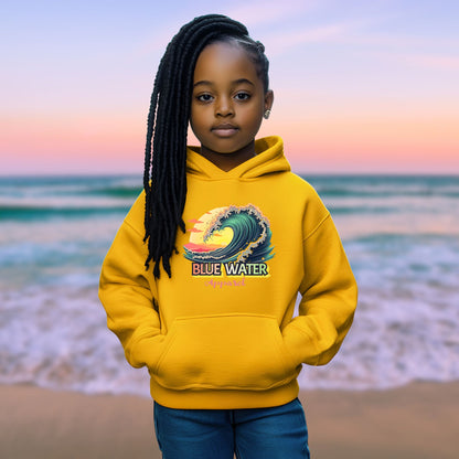 child model on beach wearing gold vintage surf kids hoodie by blue water apparel