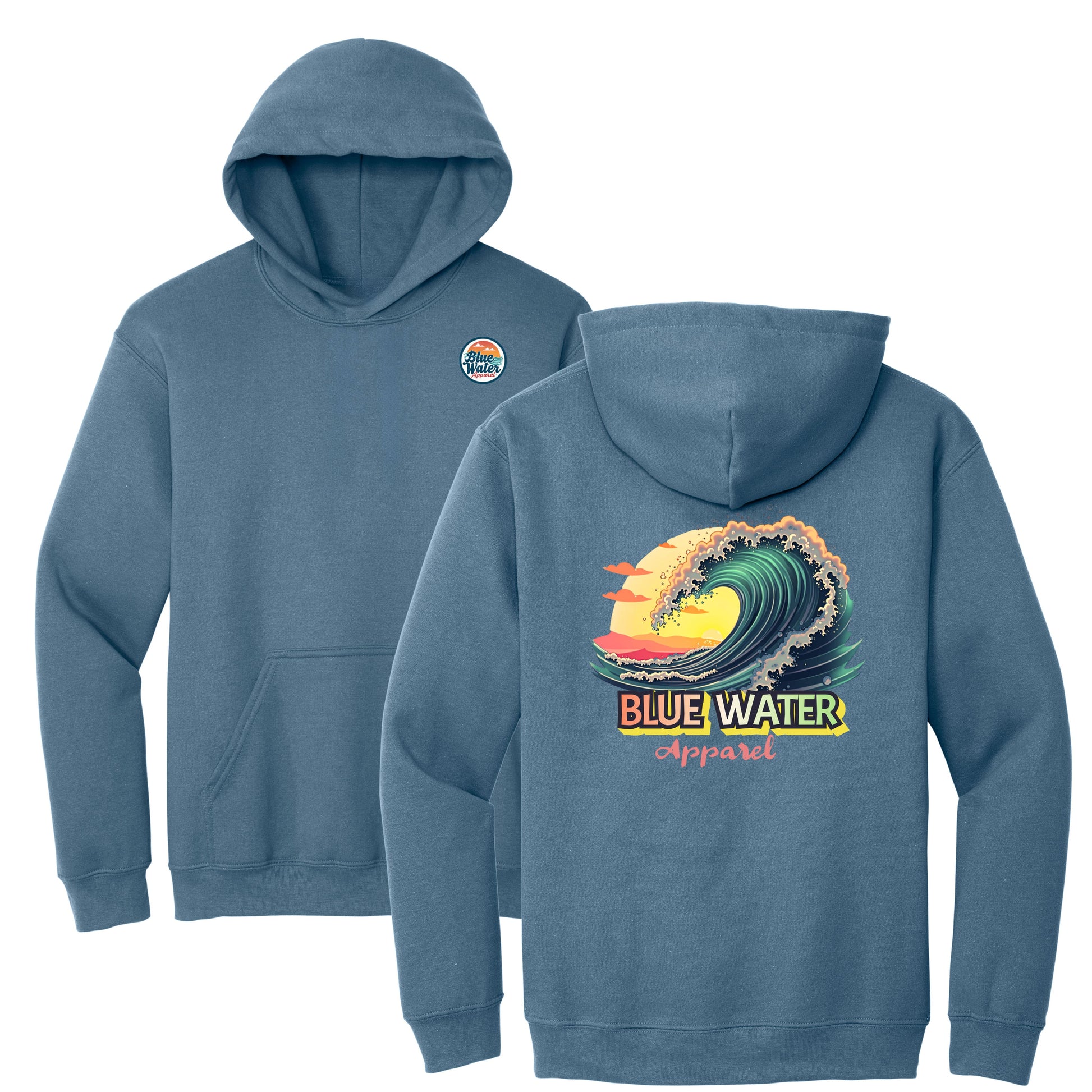 flat lay indigo blue vintage surf hoodie by blue water apparel