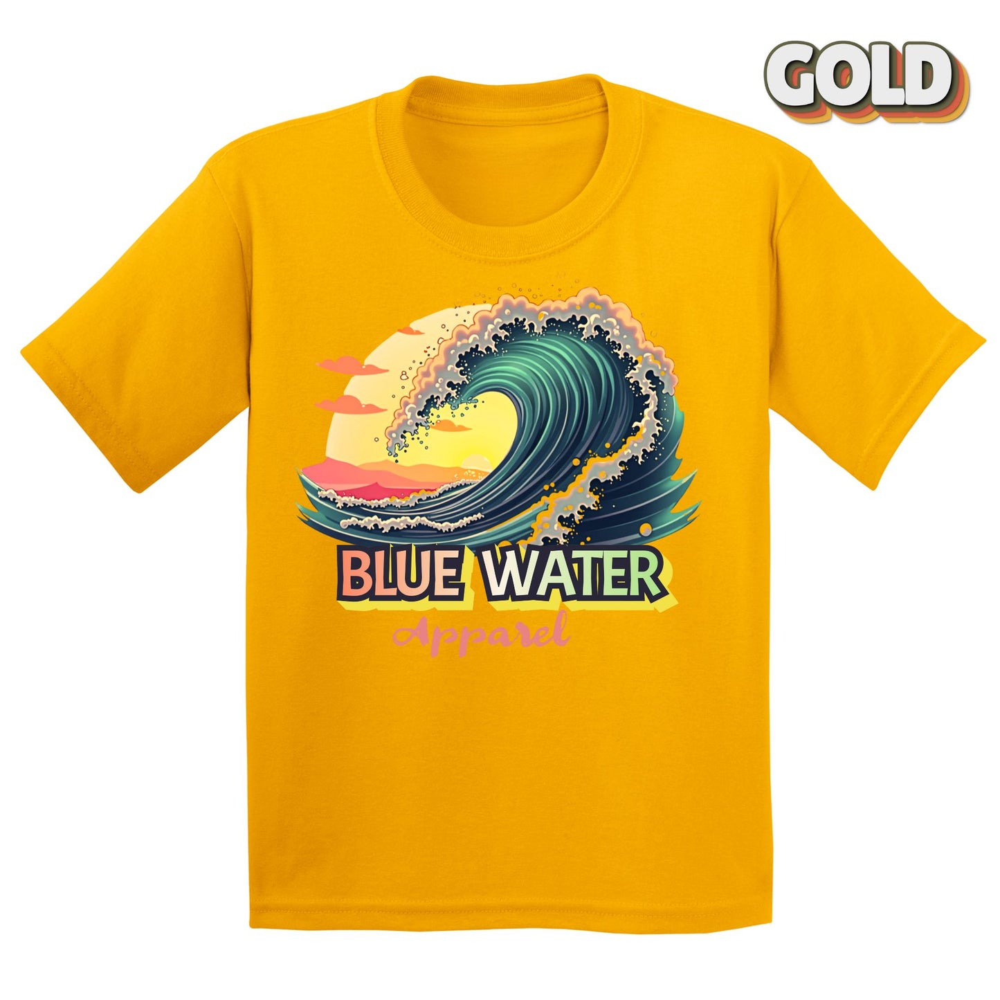 Flat lay of  Kid's Vintage Surf tee in Gold by Blue Water Apparel 