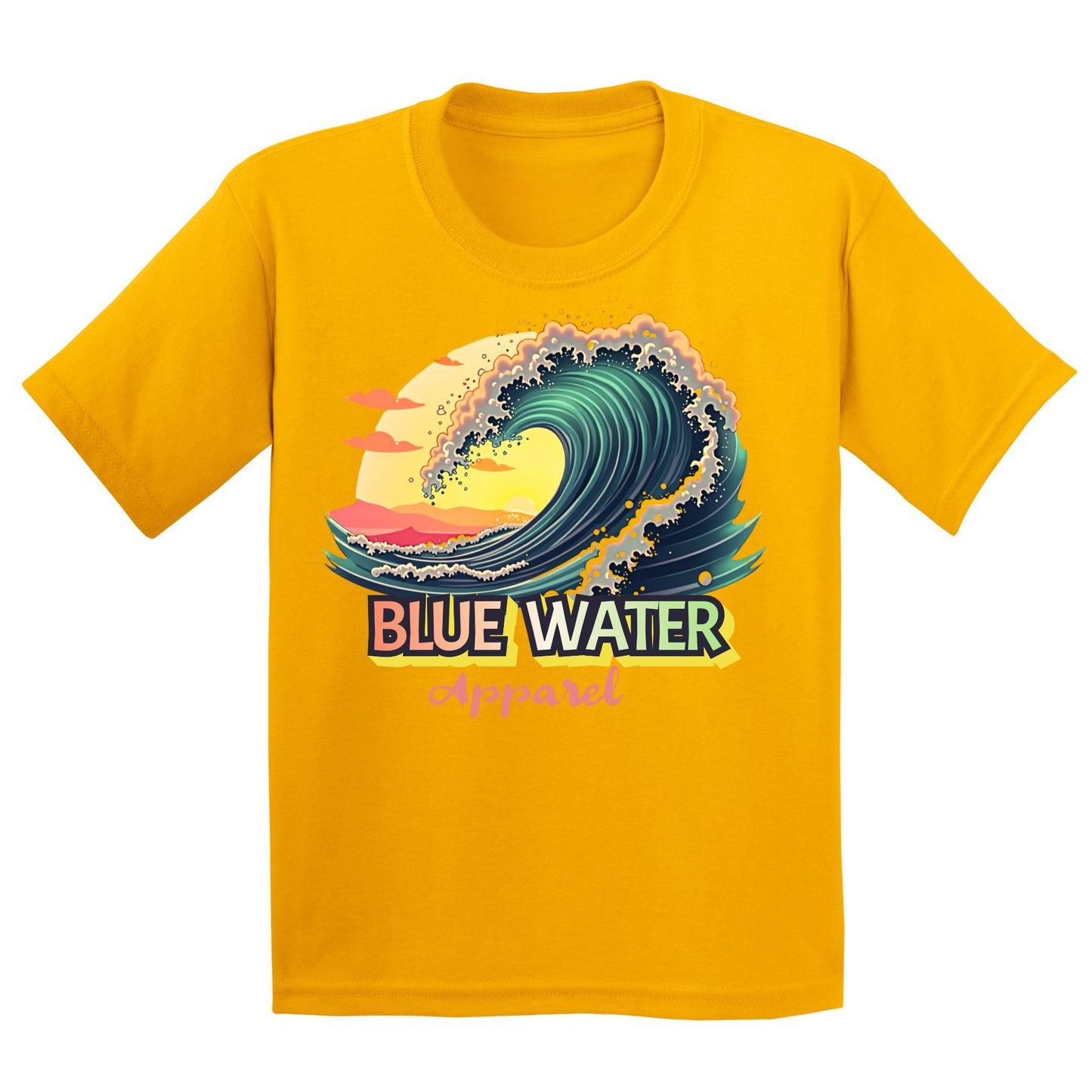 flat lay gold vintage surf kids tee by blue water apparel