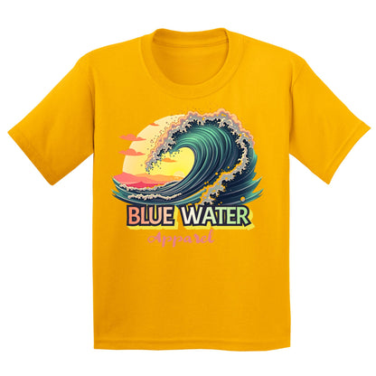 flat lay gold vintage surf kids tee by blue water apparel