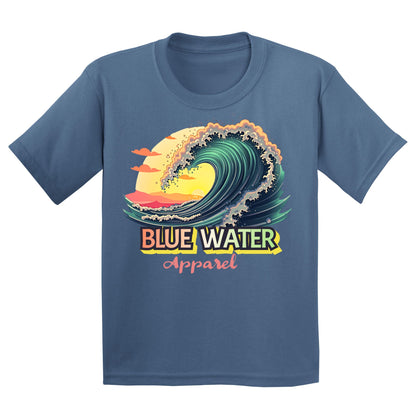 flat lay indigo blue vintage surf kids tee by blue water apparel