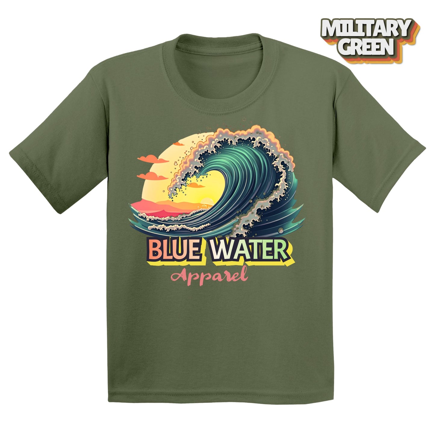 Flat lay of  Kid's Vintage Surf tee in Military Green by Blue Water Apparel
