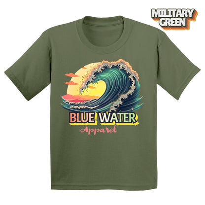 Flat lay of  Kid's Vintage Surf tee in Military Green by Blue Water Apparel