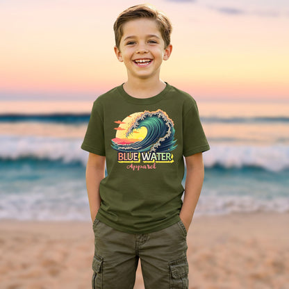 kid model wearing the vintage surf tee in military green