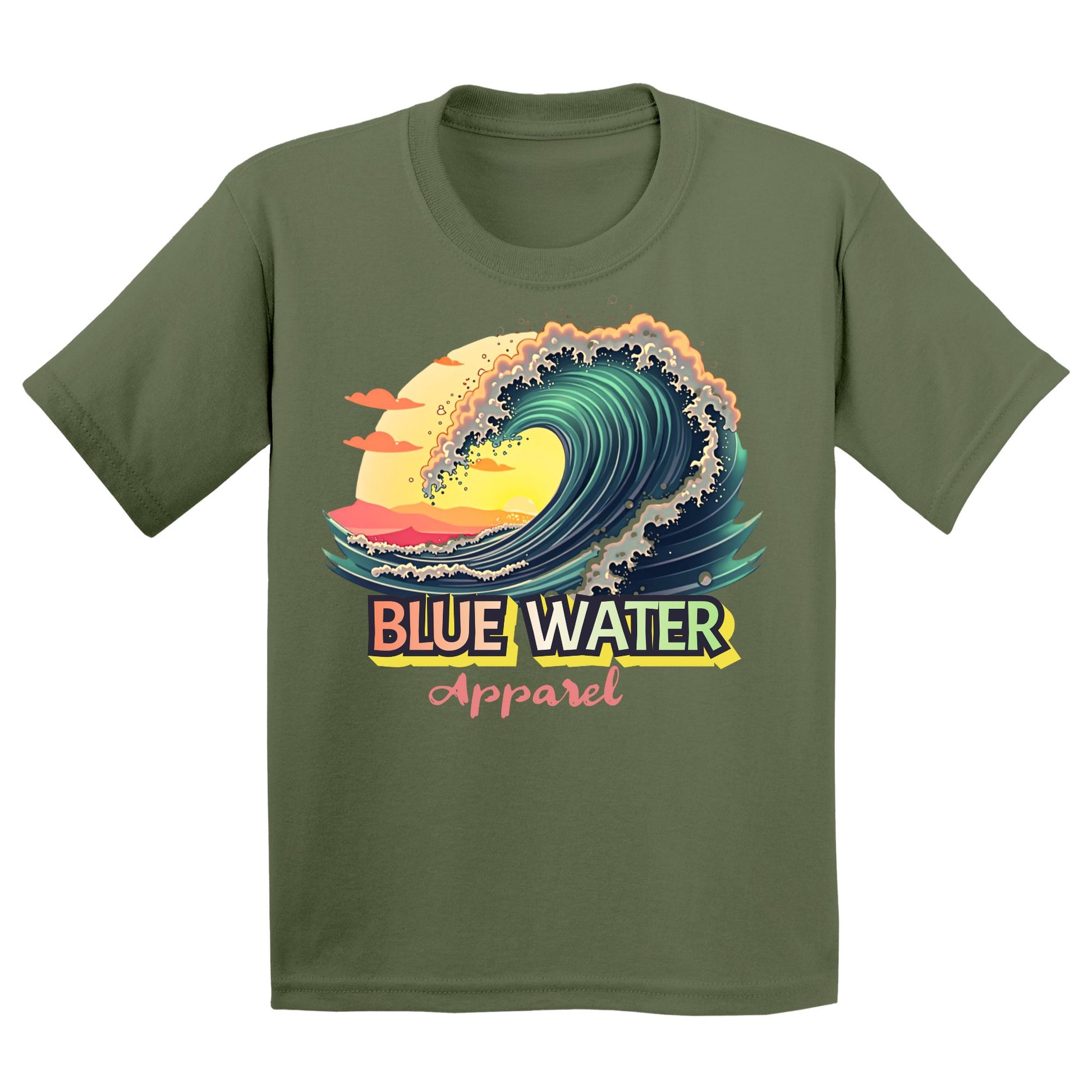 flat lay military green vintage surf kids tee by blue water apparel