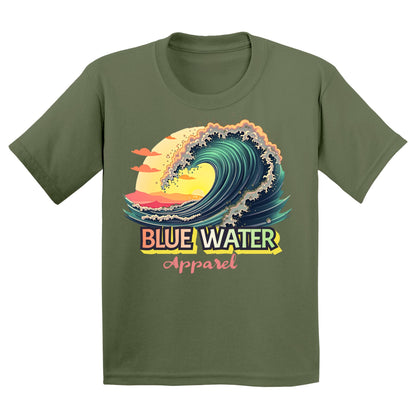 flat lay military green vintage surf kids tee by blue water apparel
