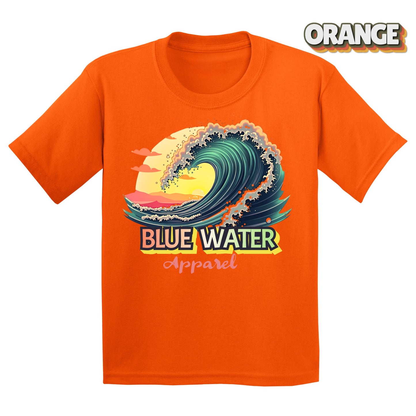 Flat lay of  Kid's Vintage Surf tee in Orange by Blue Water Apparel