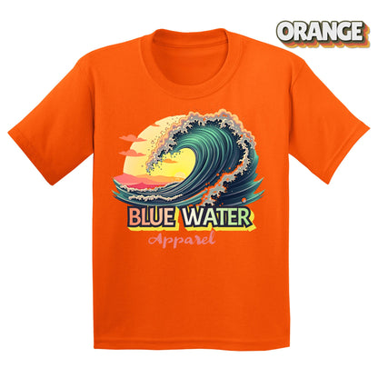 Flat lay of  Kid's Vintage Surf tee in Orange by Blue Water Apparel