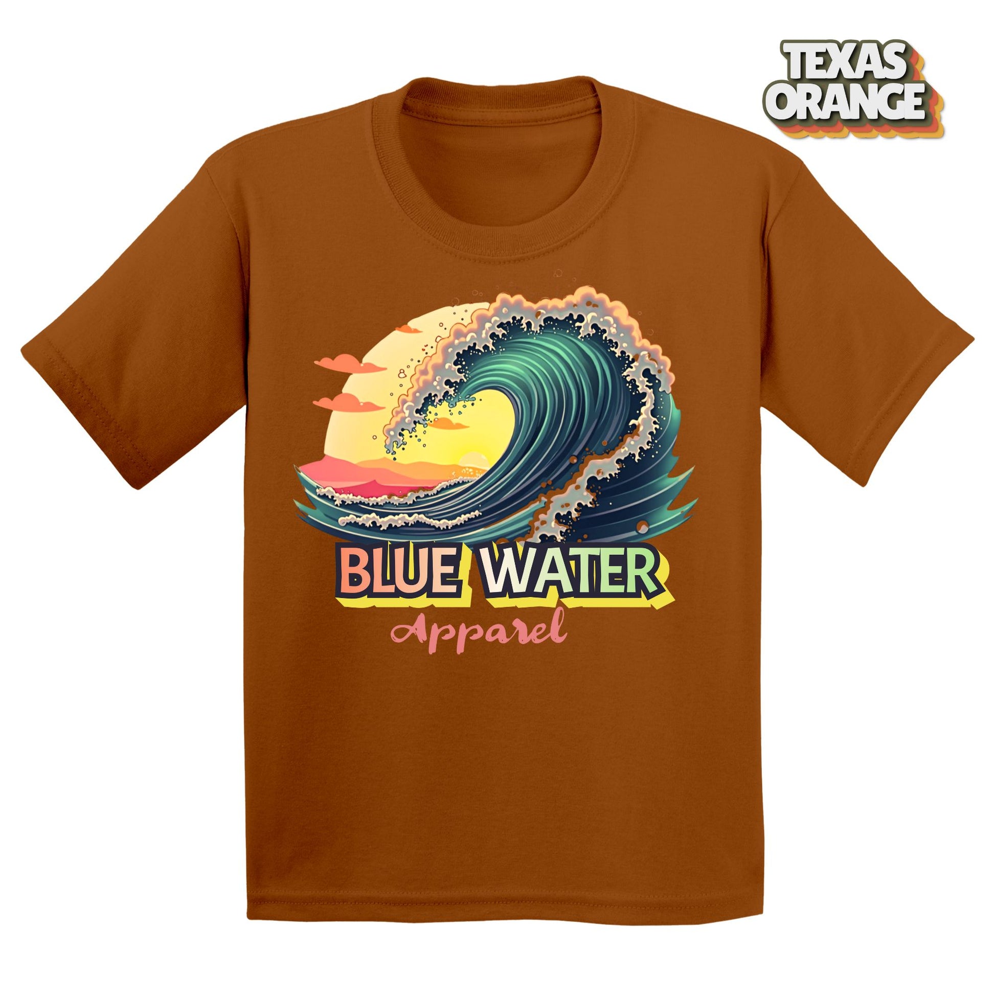 Flat lay of  Kid's Vintage Surf tee in Texas Orange by Blue Water Apparel