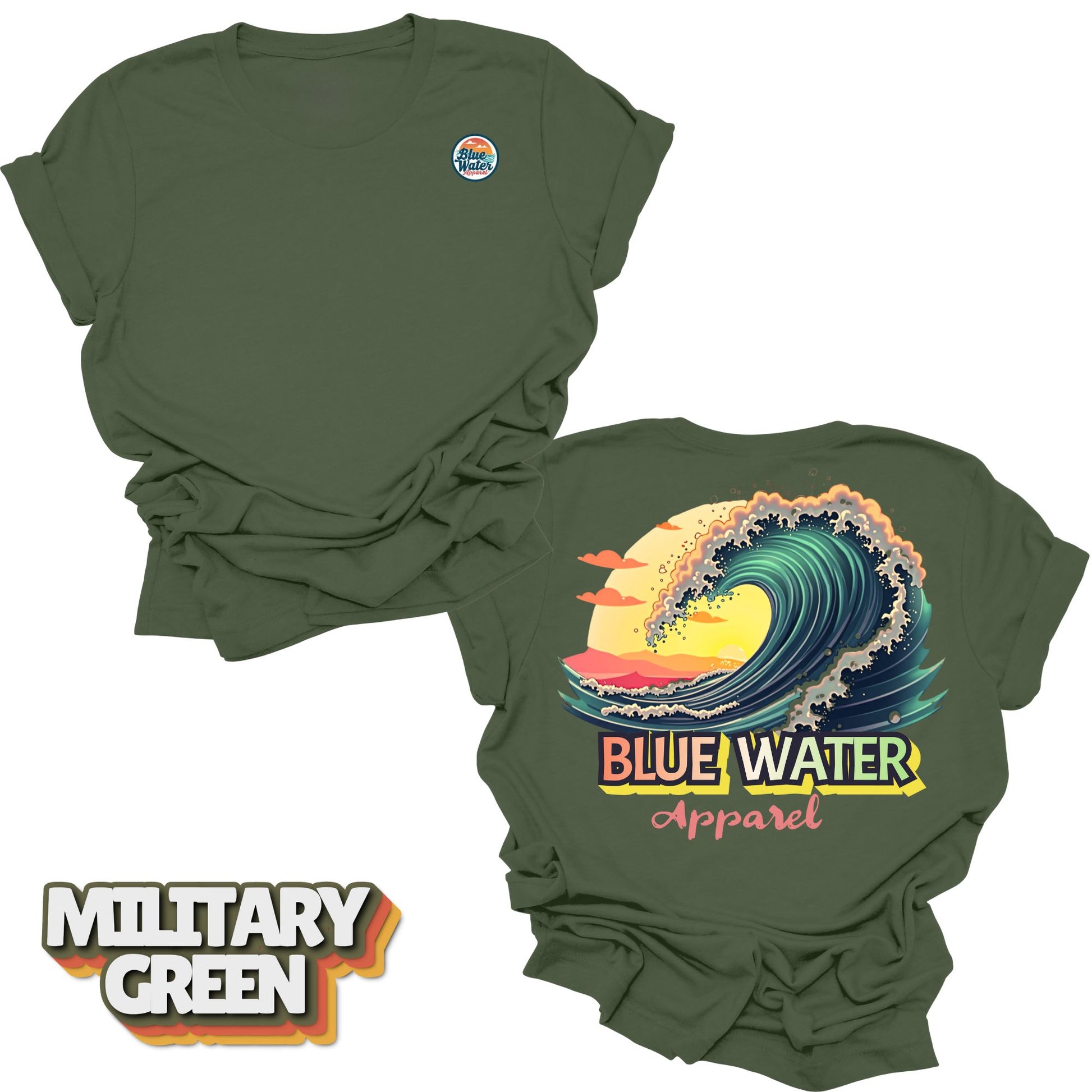 Flat lay Vintage Surf tee back graphic in Military Green by Blue Water Apparel