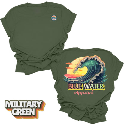 Flat lay Vintage Surf tee back graphic in Military Green by Blue Water Apparel