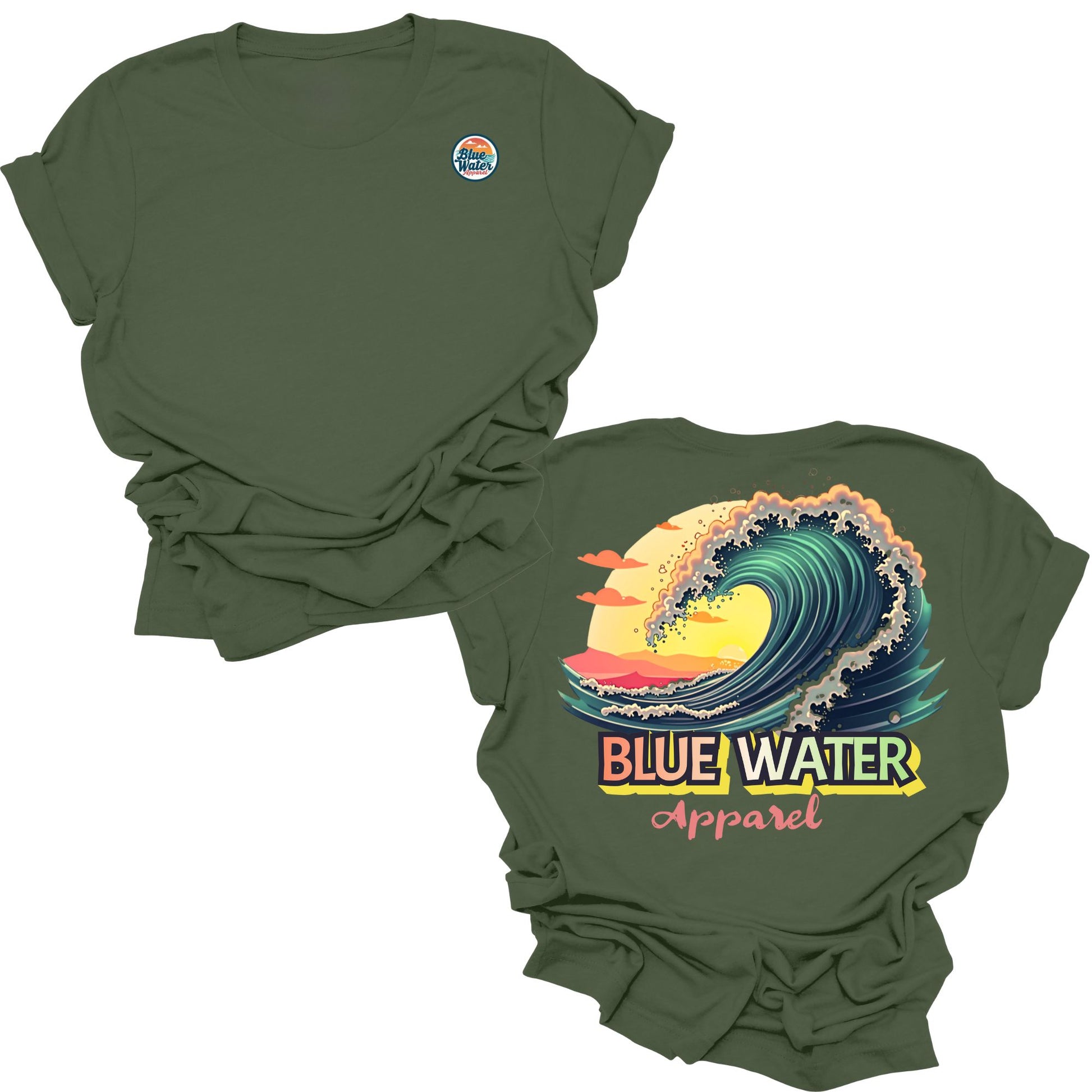 flat lay military green vintage surf tee by blue water apparel