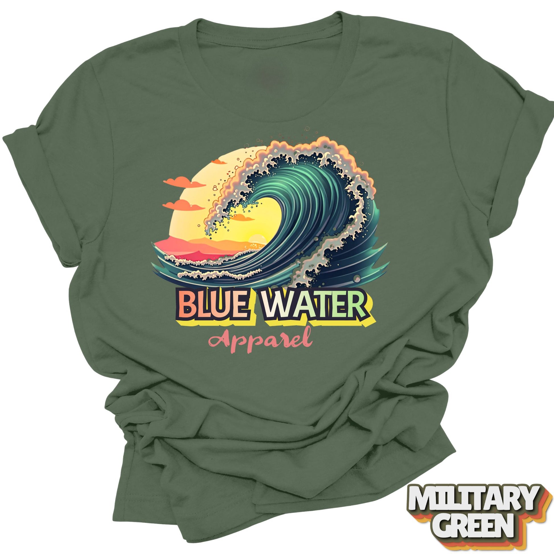 front graphic vintage surf tee in military green by blue water apparel