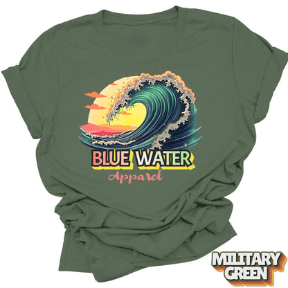 front graphic vintage surf tee in military green by blue water apparel