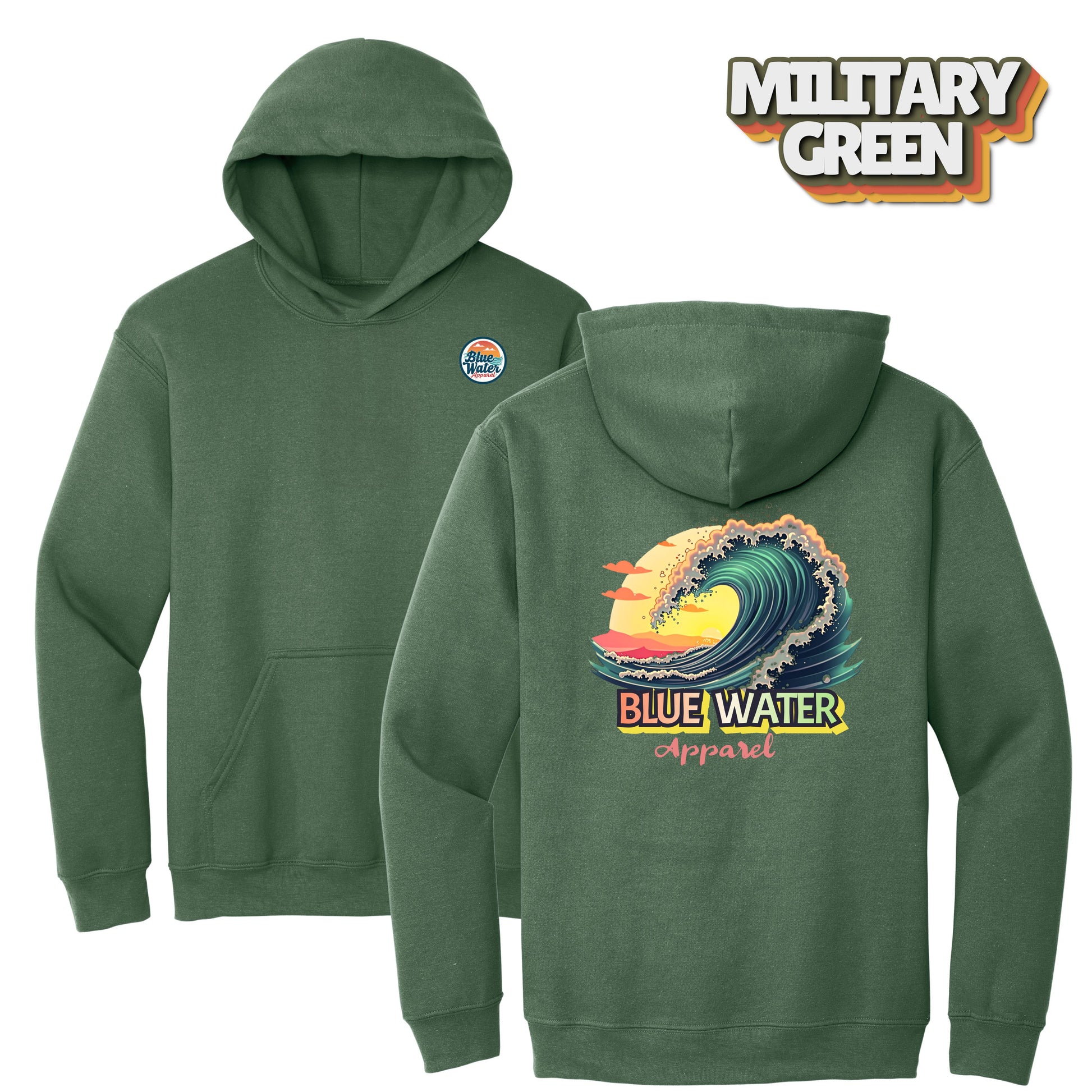 flat lay military green vintage surf hoodie by blue water apparel