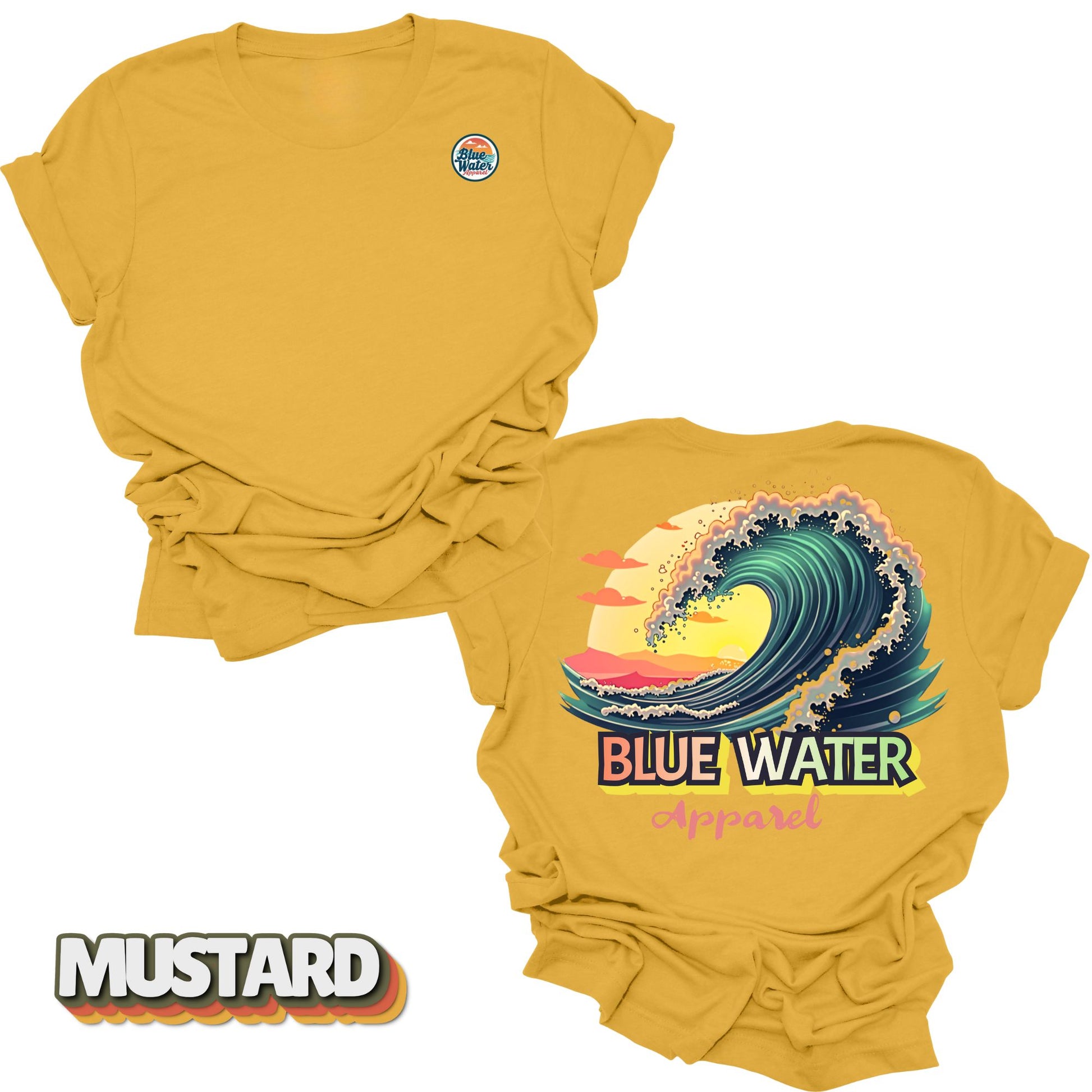 Flat lay Vintage Surf tee back graphic in Mustard by Blue Water Apparel