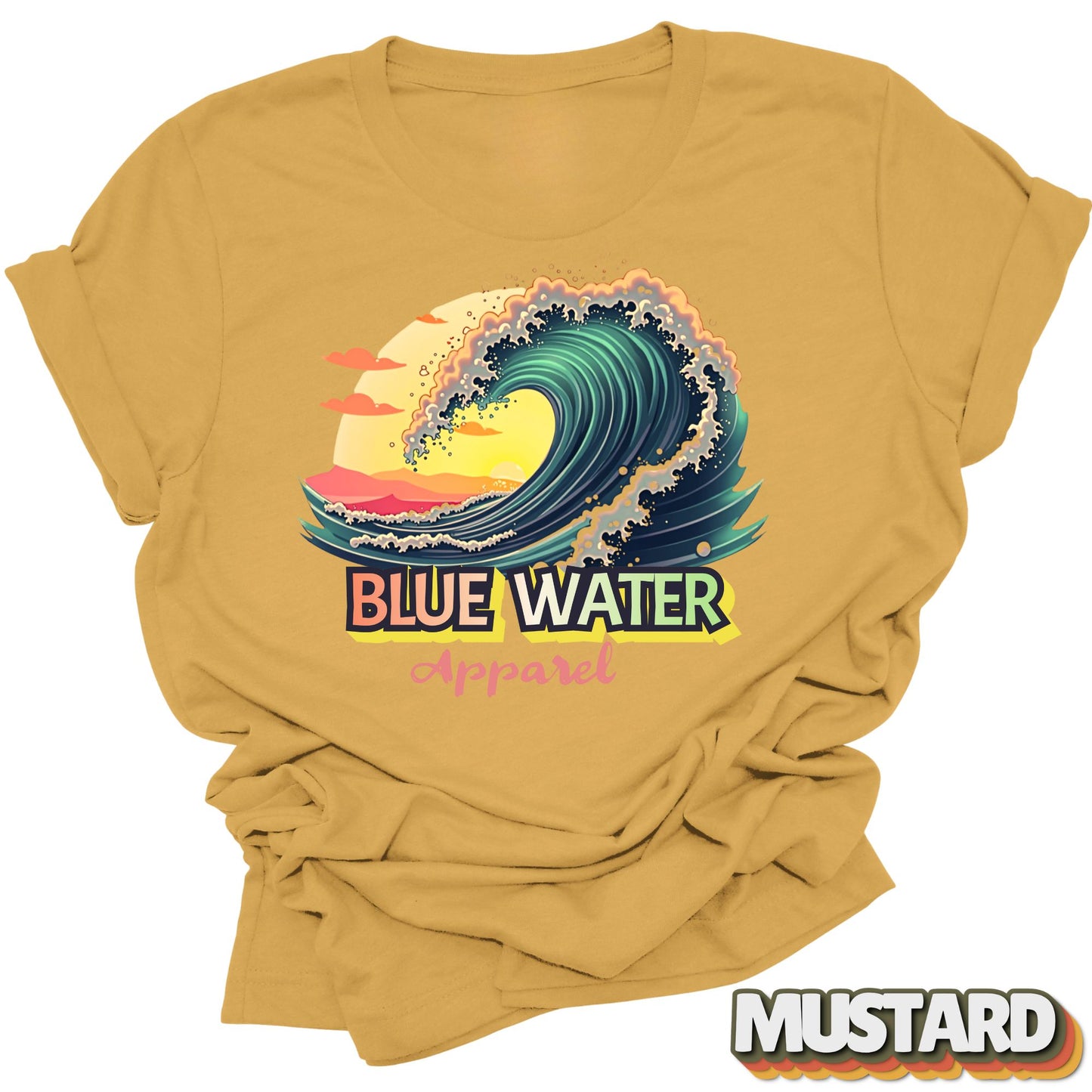 front graphic vintage surf tee in mustard by blue water apparel