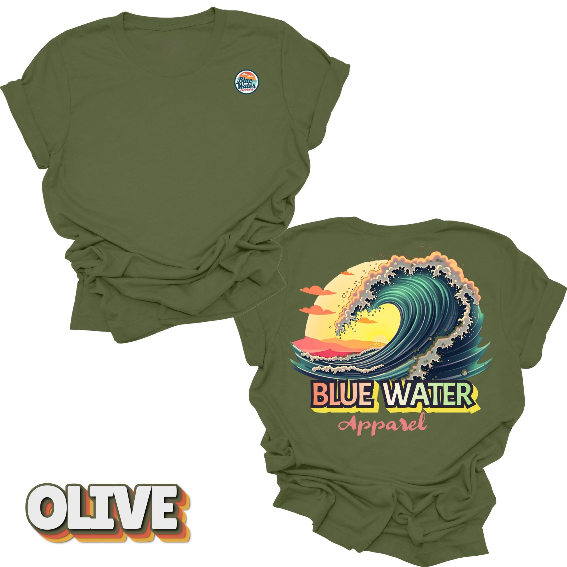 Flat lay Vintage Surf tee back graphic in Olive by Blue Water Apparel