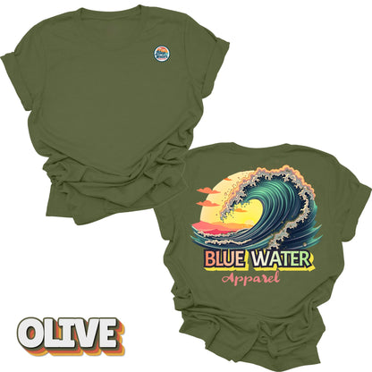 Flat lay Vintage Surf tee back graphic in Olive by Blue Water Apparel