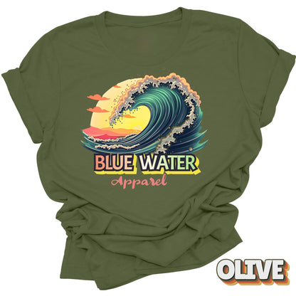 front graphic vintage surf tee in olive by blue water apparel