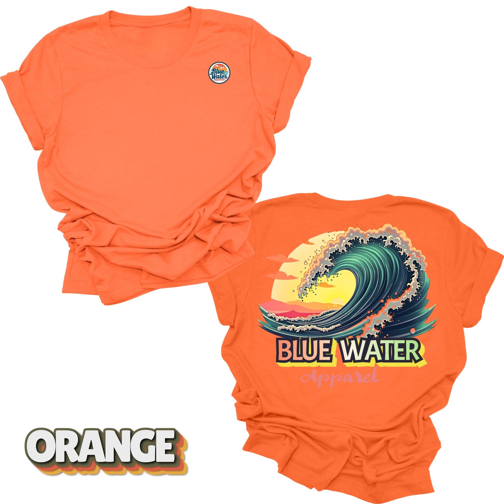 Flat lay Vintage Surf tee back graphic in Orange by Blue Water Apparel