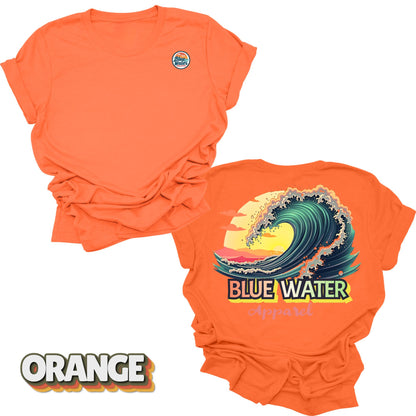 Flat lay Vintage Surf tee back graphic in Orange by Blue Water Apparel
