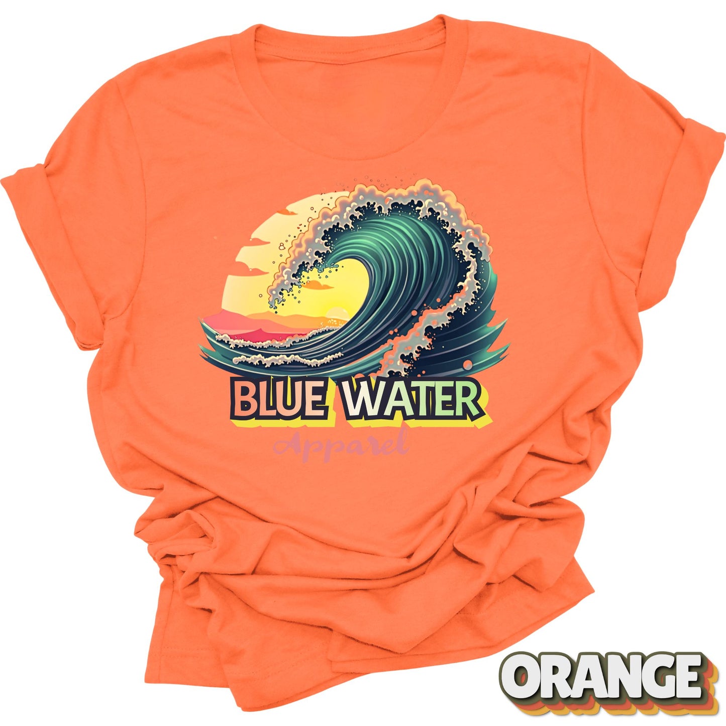 front graphic vintage surf tee in orange by blue water apparel