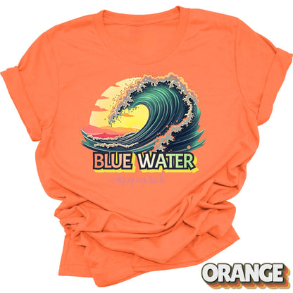 front graphic vintage surf tee in orange by blue water apparel