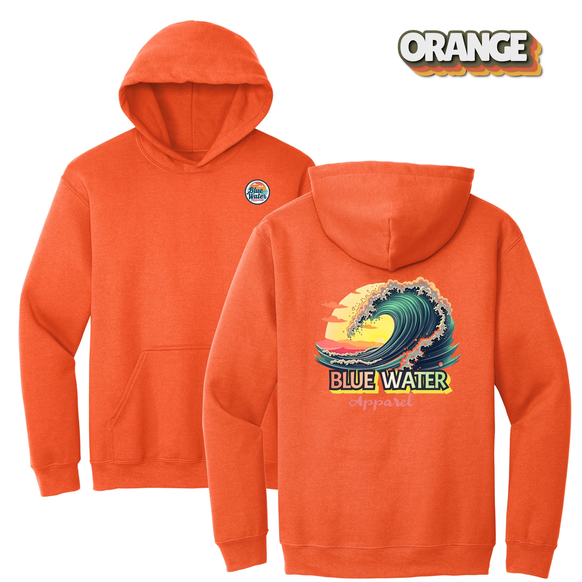flat lay orange vintage surf hoodie by blue water apparel
