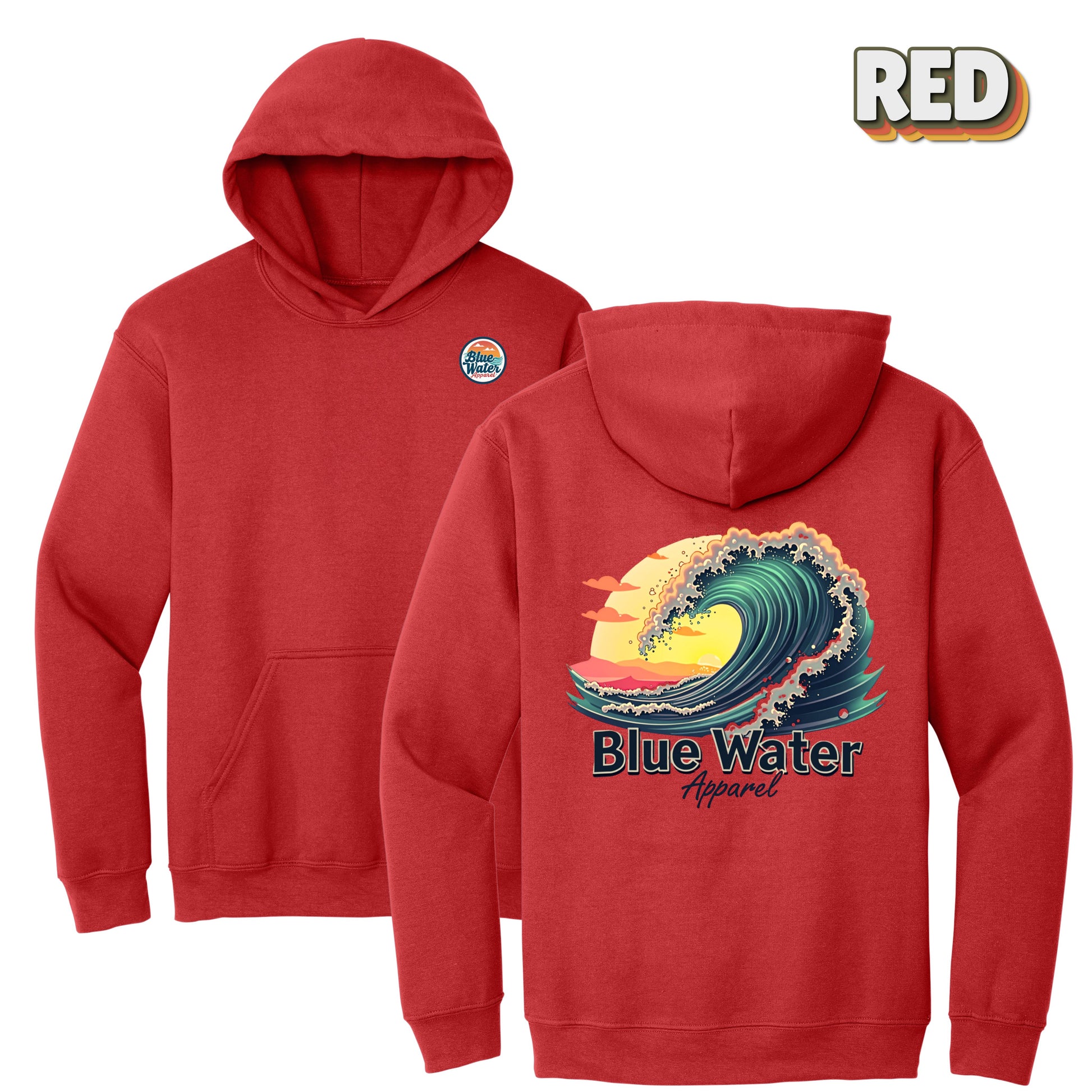 flat lay red vintage surf hoodie by blue water apparel
