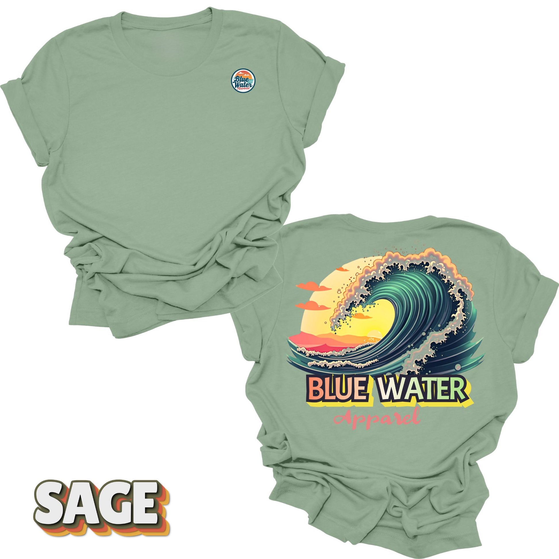 Flat lay Vintage Surf tee back graphic in Sage by Blue Water Apparel