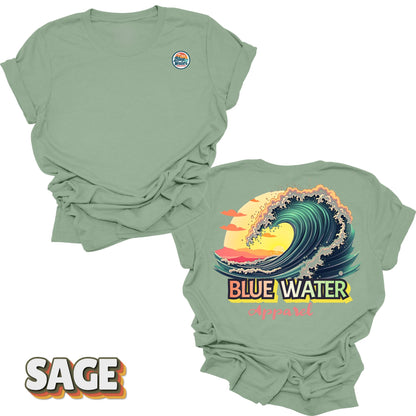 Flat lay Vintage Surf tee back graphic in Sage by Blue Water Apparel