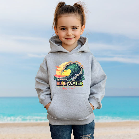 child model on beach wearing sport grey vintage surf kids hoodie by blue water apparel